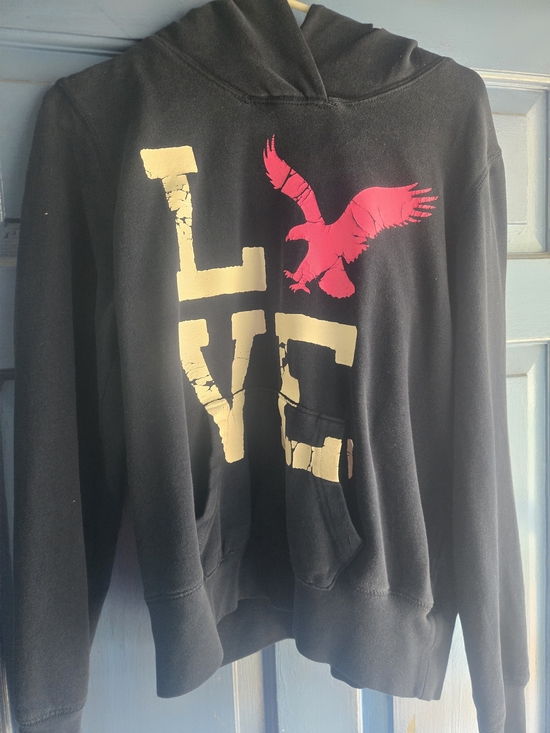 American Eagle Outfitters Tops - American Eagle Outfitters Navy Blue Hoodie with Whie LOVE and Pink Eagle